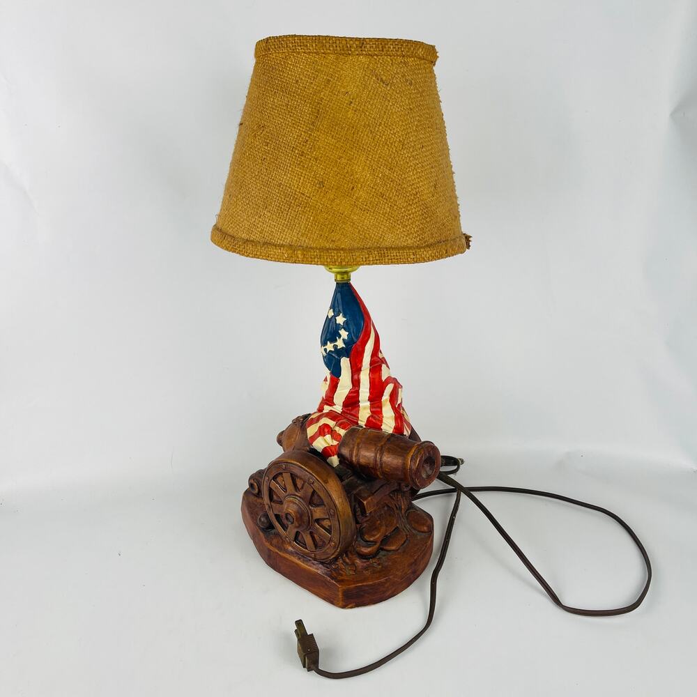 Vintage Colonial Flag Cannon Revolutionary War Chalkware Lamp